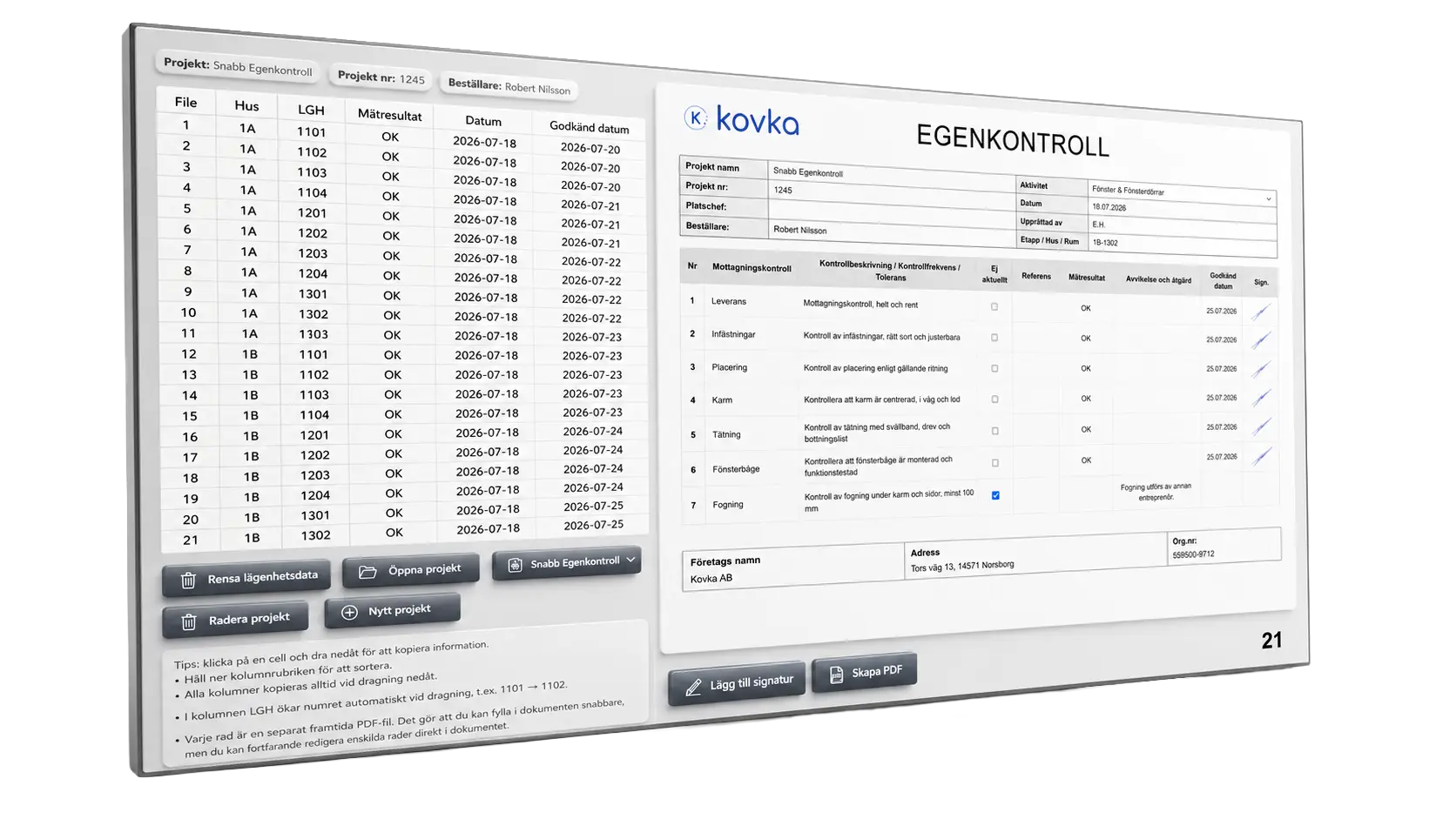 Snabb Egenkontroll med projektöversikt och förhandsvisning av egenkontrolldokument